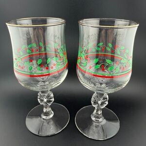 2 Vintage Libbey Arby's Christmas Holly Berry Wine Glasses, Bow Stem, Gold Rim